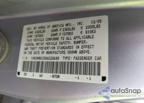 2006 Honda Accord 3.0 Lx from USA, damaged, VIN 1HGCM66336A029499
